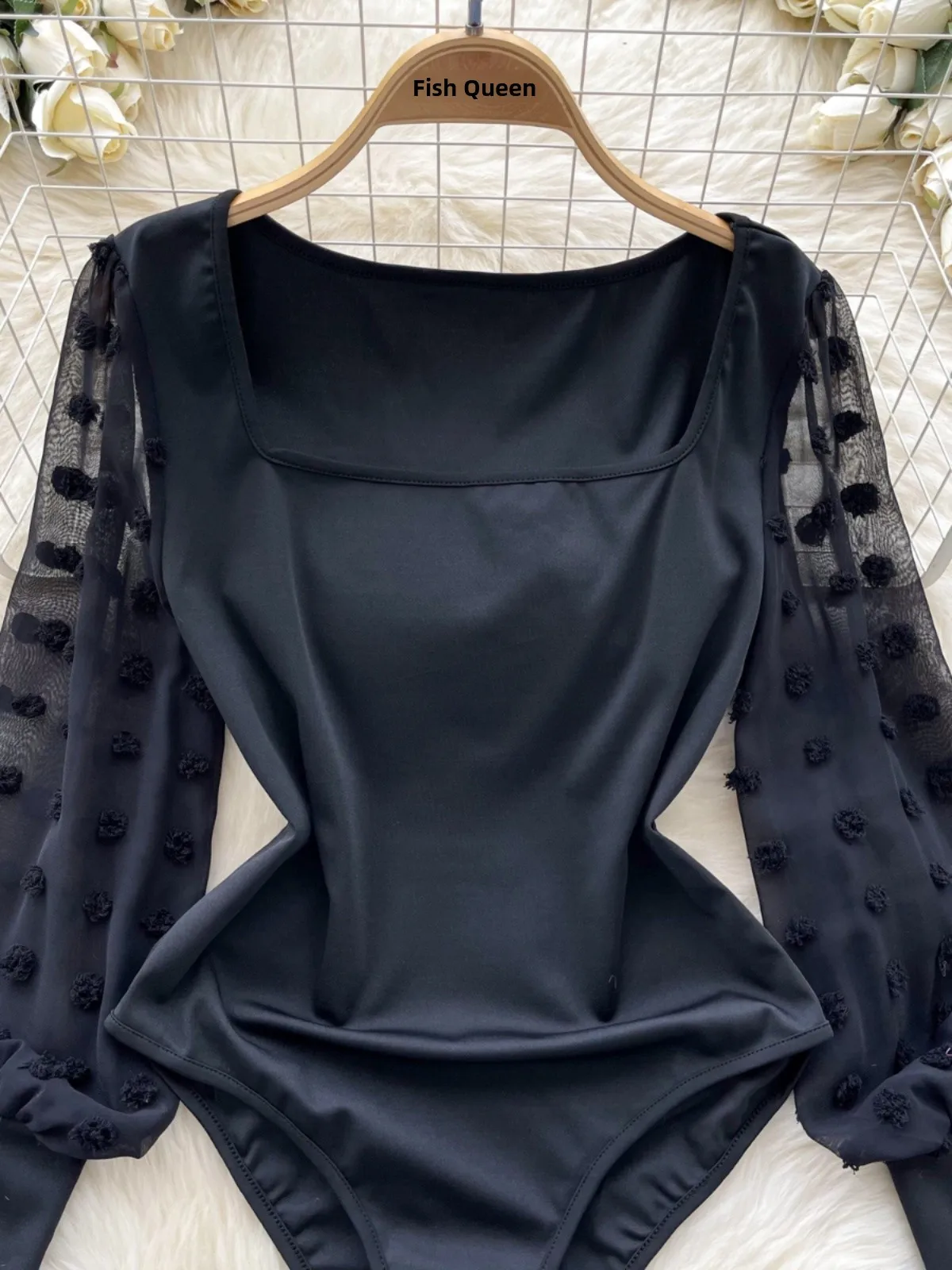 Sexy Spicy Girl Heavy Embroidery Net Long Sleeve Slimming Base Square Collar  Top High Waist Straight Cut Summer Com...