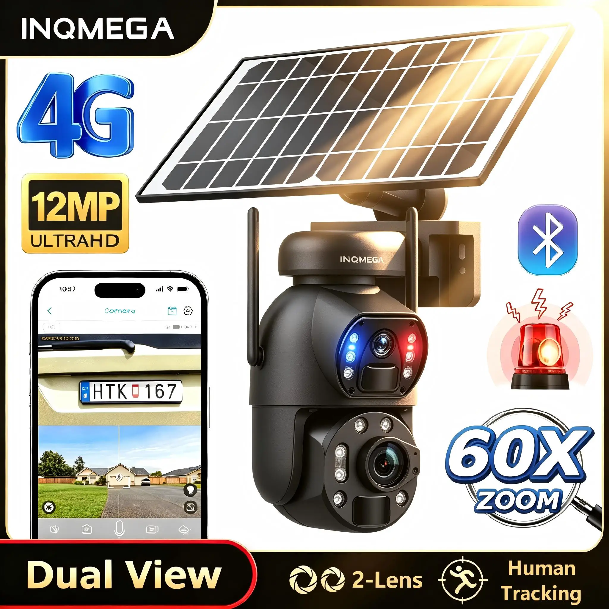 INQMEGA 60X ZOOM 12MP 4G SIM Solar Camera Outdoor 360° Wireless WIFI Battery Security Cameras with Solar Panel PIR Night Vision