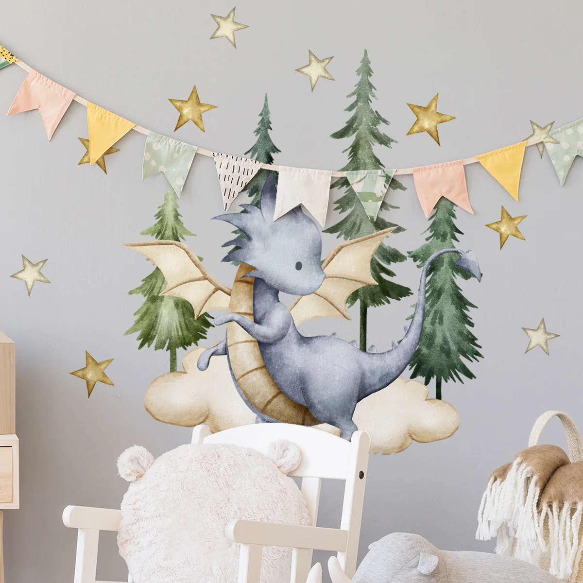 Cartoon Dinosaur Pine Tree Star Wall Sticker Removable Self-Adhesive Baby Dragon Wall Decals for Kids Room Boys Bedroom Decor