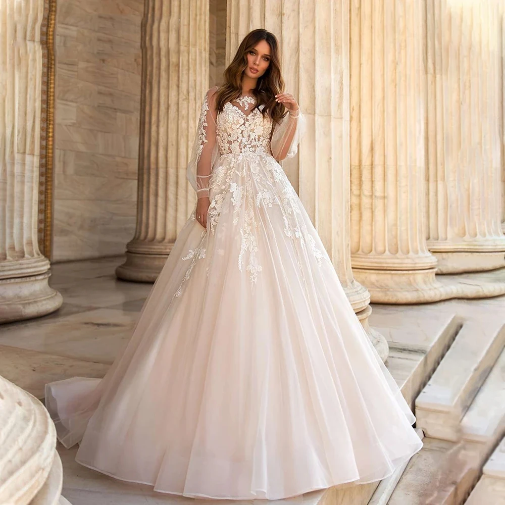 

Illusion V-Neck A-Line Wedding Dresses Sweetheart Collar Lace Sleeves Bridal Gowns Mopping Length Vestidos De Novias Customized