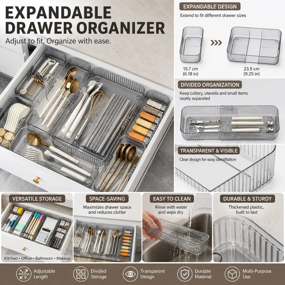 Multifunctional Adjustable Expandable Drawer Organizer Transparent Plastic Divider Box Divided Drawer Storage Bin