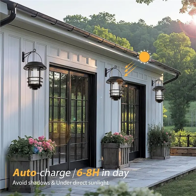 Solar Powered Flickering Flame Effect Lanterns For Outdoor Garden Waterproof Hanging Lights Solar Wall Mount-AT36