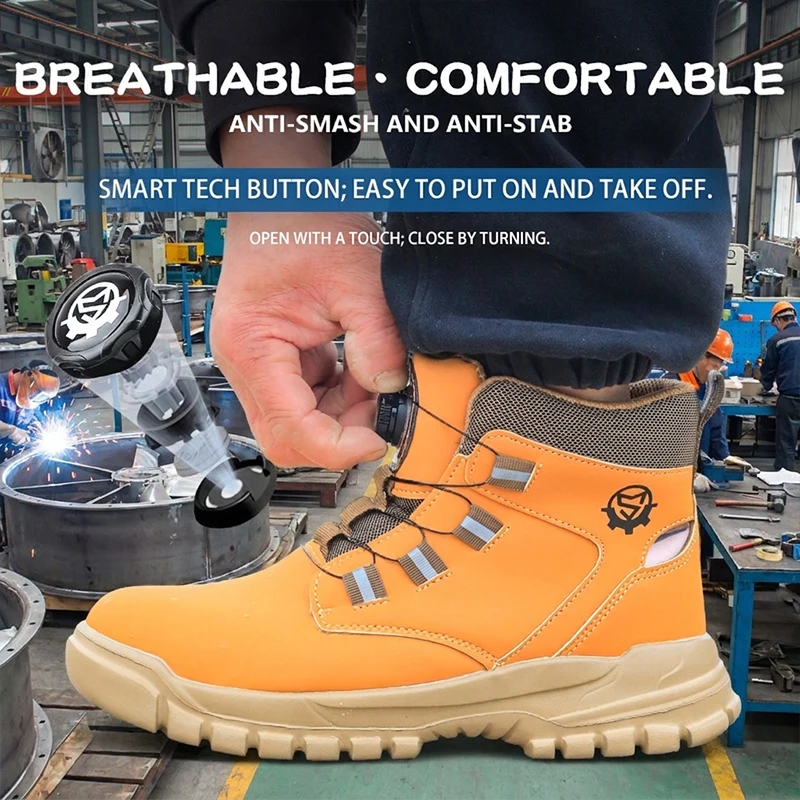 Chemical Factory Workshop High Top Rotary Knob Safety Footwear Anti-smash Anti-puncture Steel Toe Protective Boots Safety Shoes