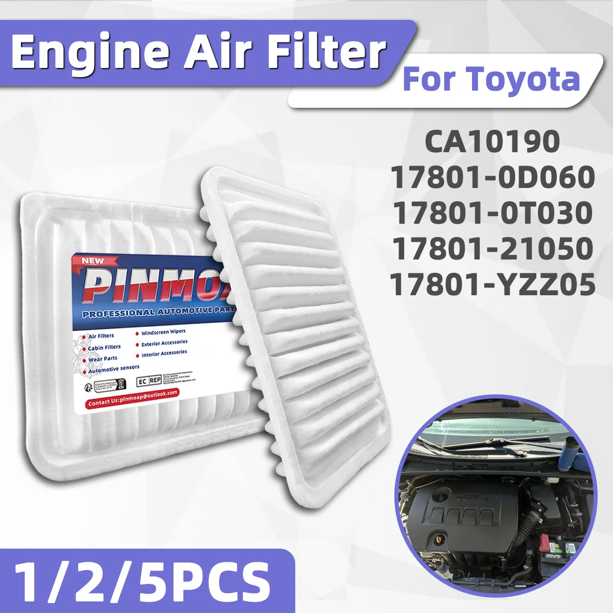 Filtro de aire para motor, compatible con Toyota Pontiac Scion CA10190 17801-0D060 17801-21050 17801-YZZ05, filtro de aire de repuesto para coche, 1/2/5 unidades