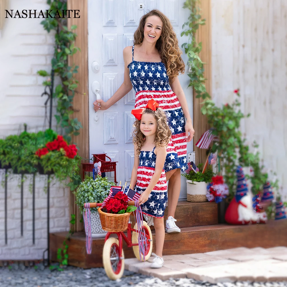 Independence Day mom and daughter matching clothes  star stripe dress summer family look Mommy and me matching family outfits