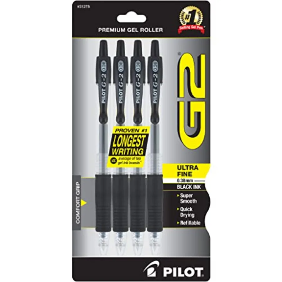 

G2 Premium Refillable and Retractable Rolling Ball Gel Pens, Ultra Fine Point, Gel Ink Pens, 0.38mm, Black Ink, 4-Pack