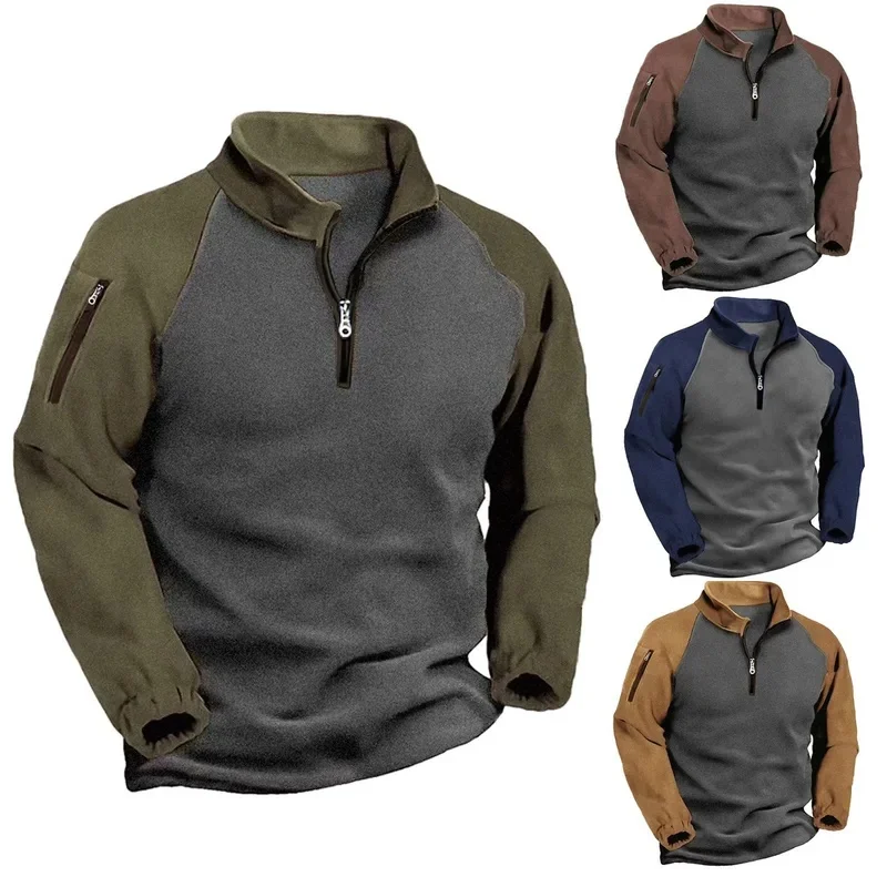 Men's Color Block Polar Fleece Pullover, Warm Soft Long Sleeve Sweatshirt Jacket Autumn Winter Casual Outerwear
