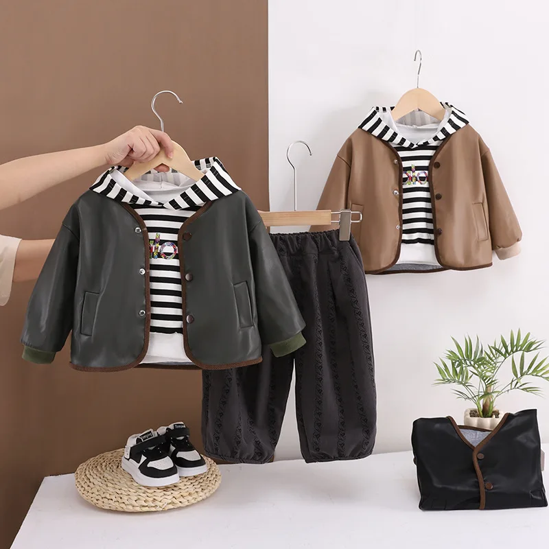 

Boys Clothing Sets Spring Autumn Children Leather Coats Sweatshirts Pants 3pcs Fashion Suit For Baby Tracksuits Kids Outfits 5Y