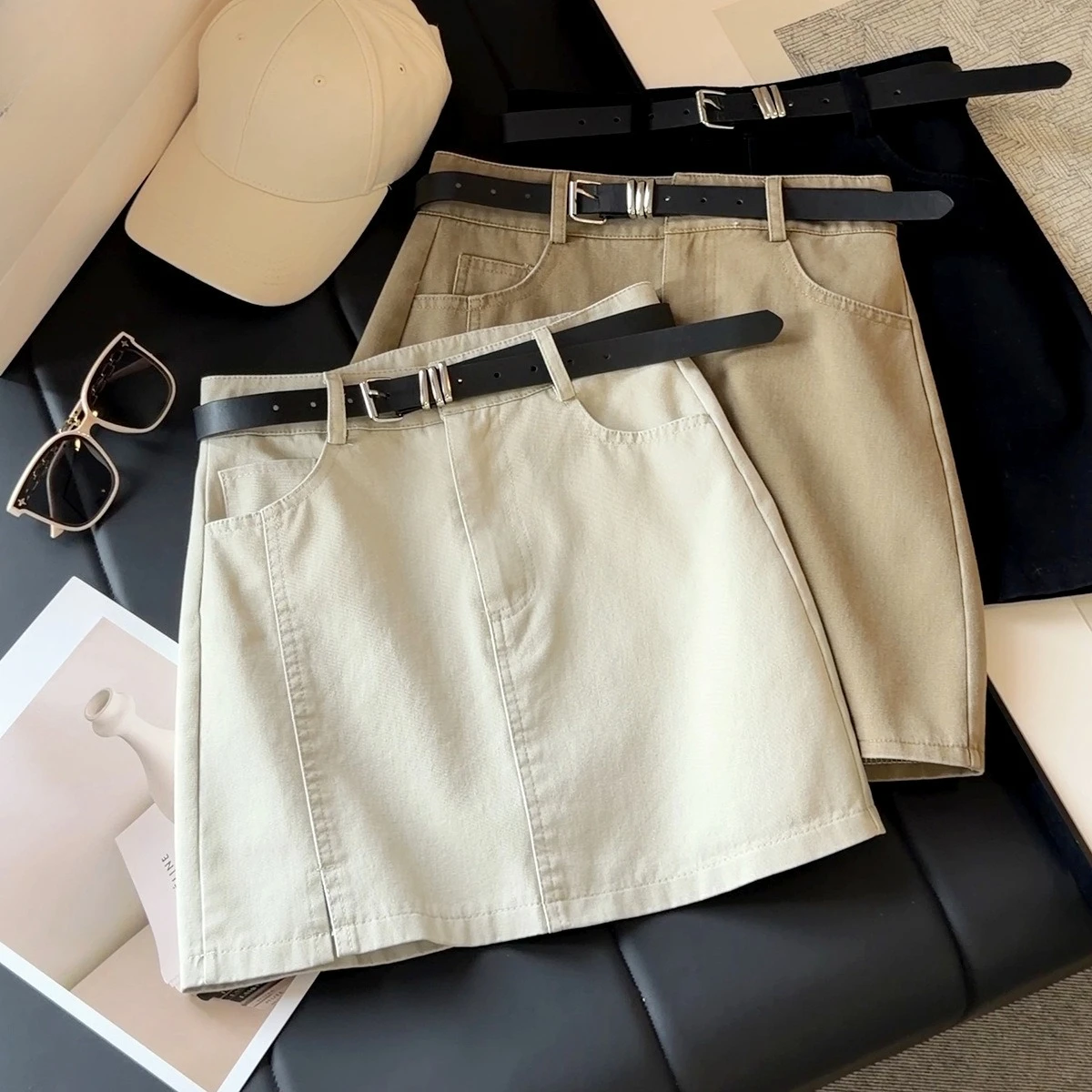 Seoulish Khaki High Waist Vintage A-Line Skirt Women Early Autumn Korean Mini Skirt Petite Casual Wrap Hip Bodycon Skirt Female