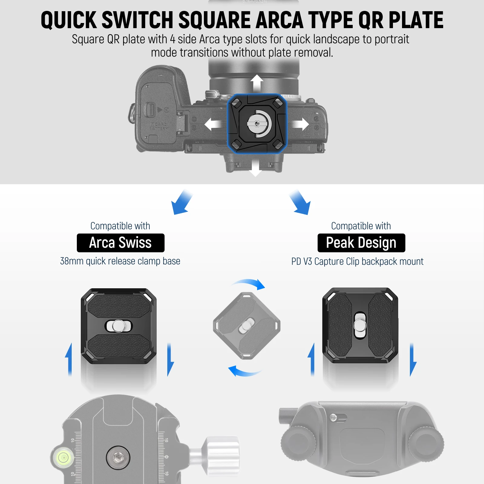 Neewer Quick Release Plate 38mm Square Arca Type QR Camera Mount Plate Compatible with Peak Design Capture V3 Camera Clip