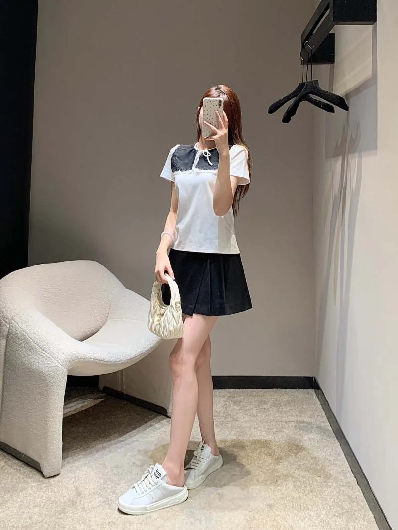 

Girls' style women's T-shirt fashion trend sweet and age reducing contrasting navy neck short sleeved top