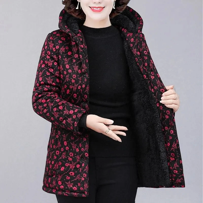 2023 New Middle-aged And Elderly Winter Velvet Padded Coat Joker Loose Single-Breasted Simple Warm Hooded Pocket Outerwear