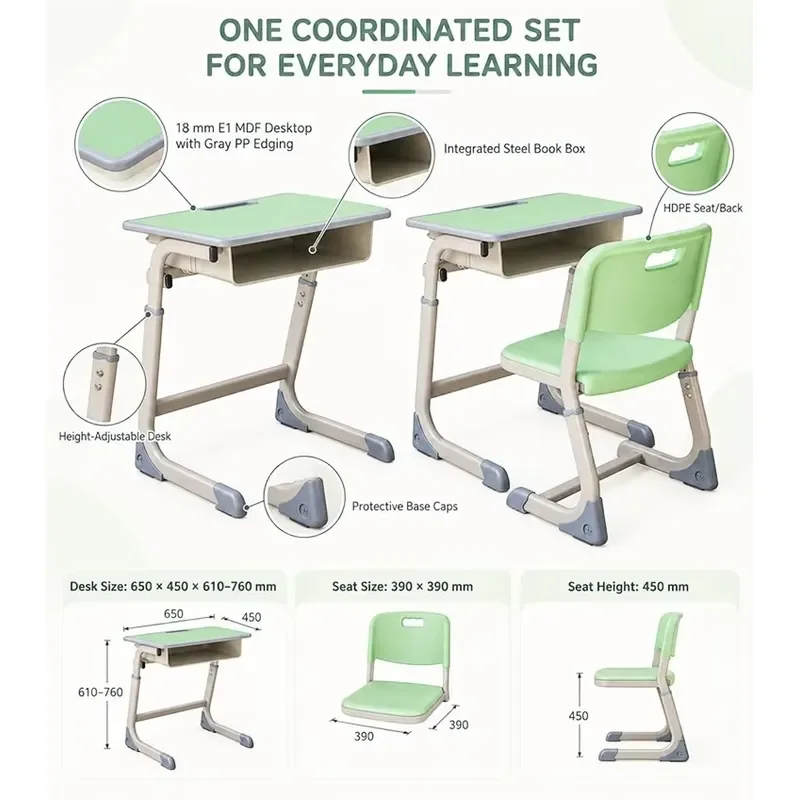 Student Desk Chair Set Seat Height 450mm 18mm E1 MDF Desktop HDPE Molded Shell Steel Square Tube Frame Book Box