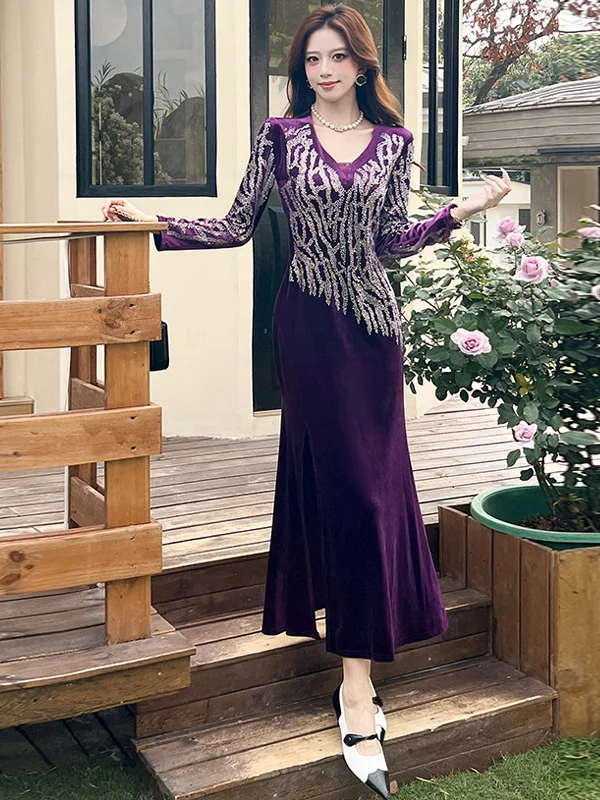 

Элегантное бархатное платье с длинным рукавом и V-образным вырезом, приталенное, с разрезом, для новогодних вечеринок, модное, универсальное