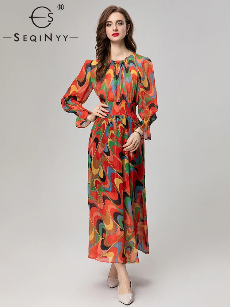 

SEQINYY Elegant Orange Dress Summer Spring New Fashion Design Women Runway Vintage Print Elastic A-Line Casual High Street