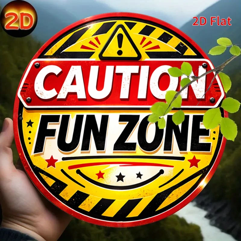 HD-Blechschild, „Caution Fun Zone“, runde Metall-Wandkunst, Retro-Dekoration für das Spielzimmer