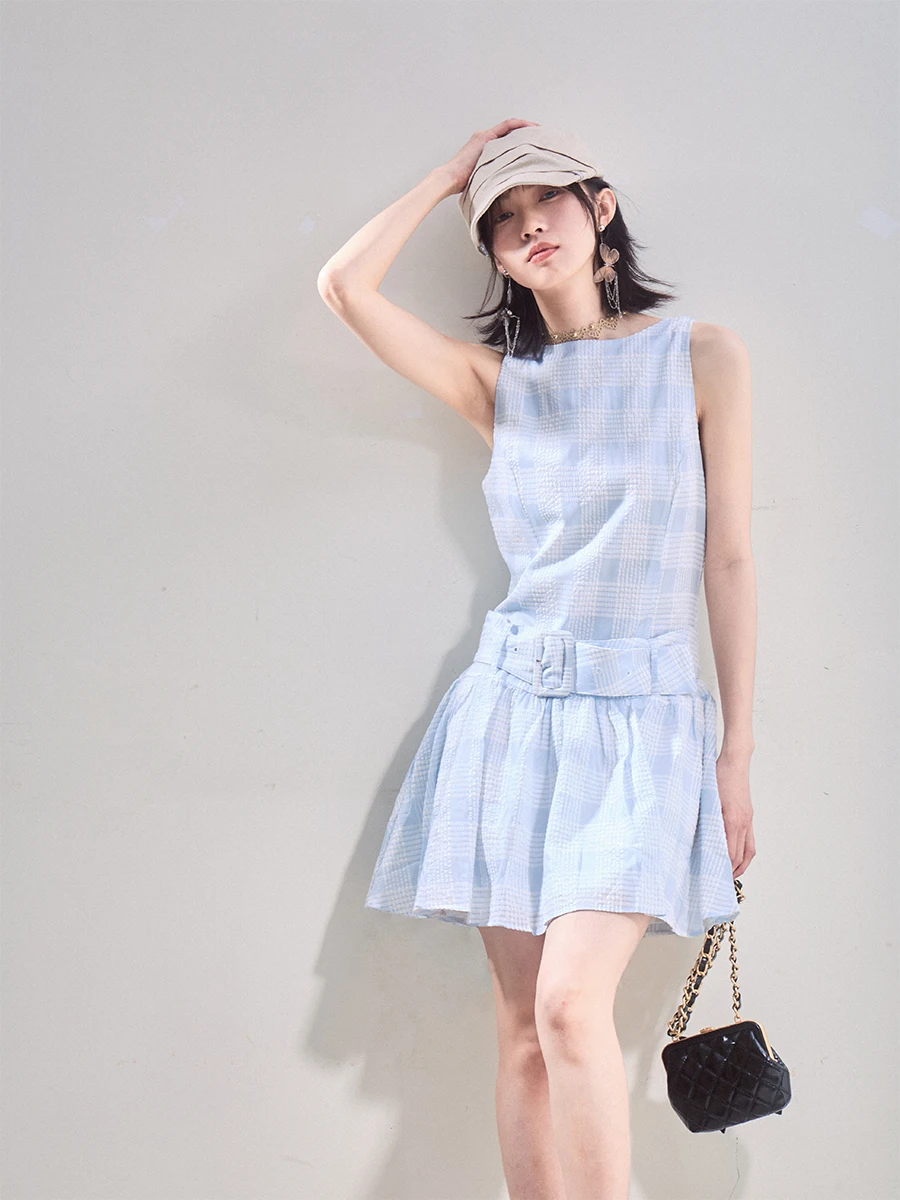

Liparpa Summer Fantasy Transparent Light Checkered Waist-Cinching Sleeveless Short Dress Stylish Casual Style Polyester Blend