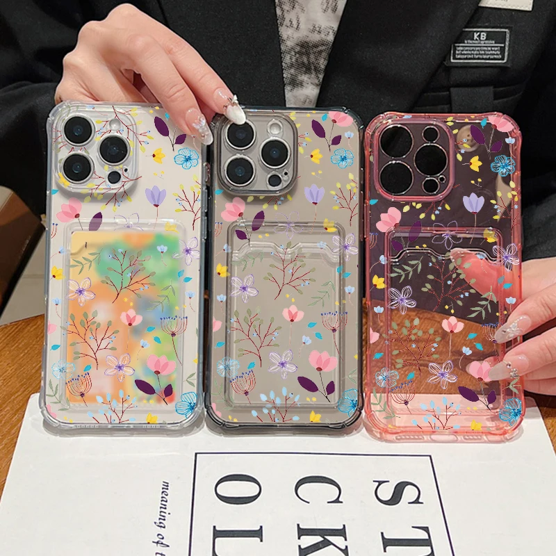 Clear Flowers Patterned Card Holder Phone Case For iPhone 17e 17 16 15 14 13 Pro Max 15 16 17 Pro 16e 12 11 Soft Card Bag Cover