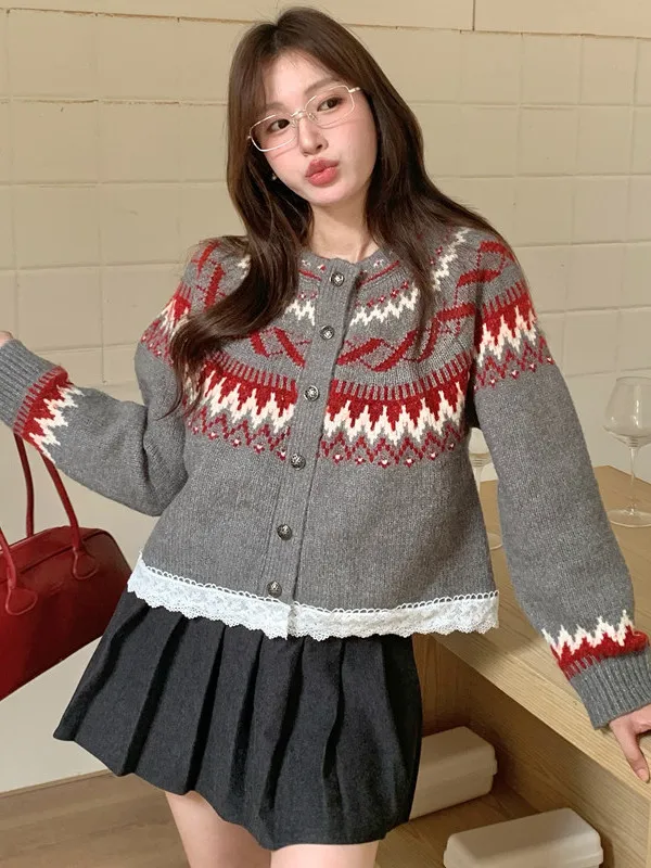 Retro Feel Fair Isle Trim Knitted Sweater Jaet Women Single Button Color Blo Long Sve Knitted Top for Women