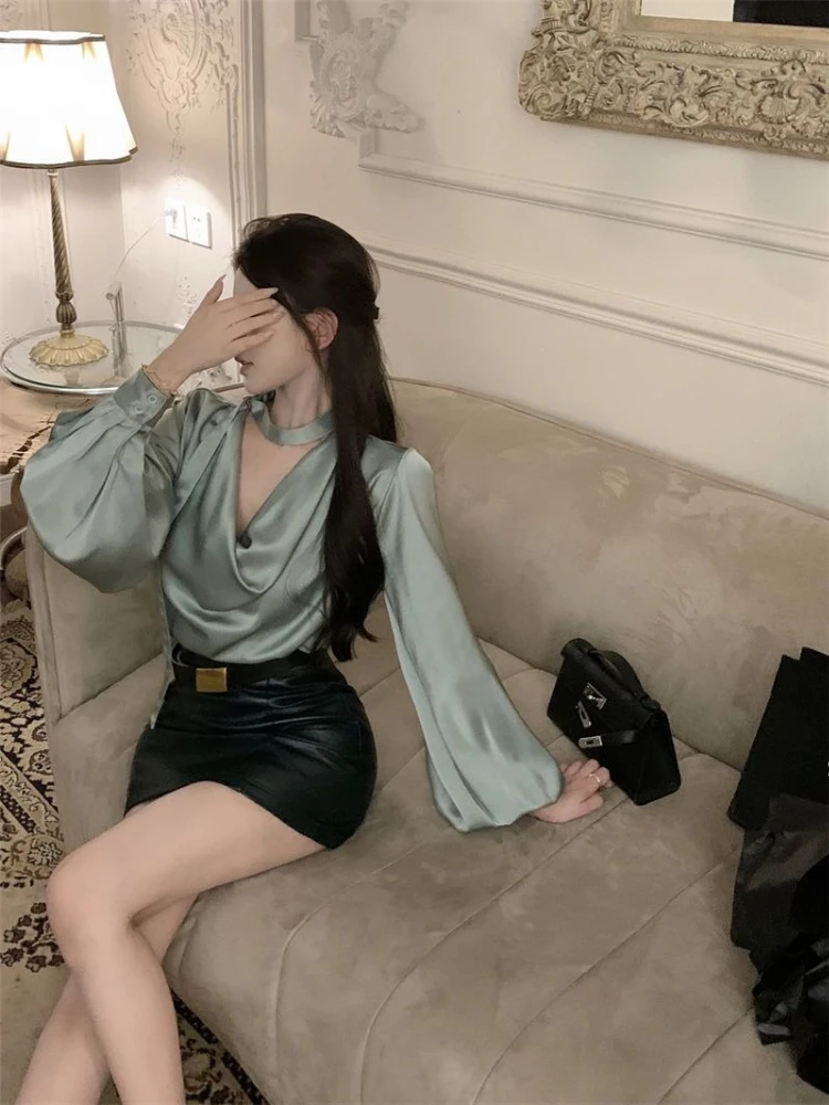 

Women Light Green Long Sleeve Draped Collar Shirt Spring Summer Chic Young Mature Style High End Two Piece Skirt Set