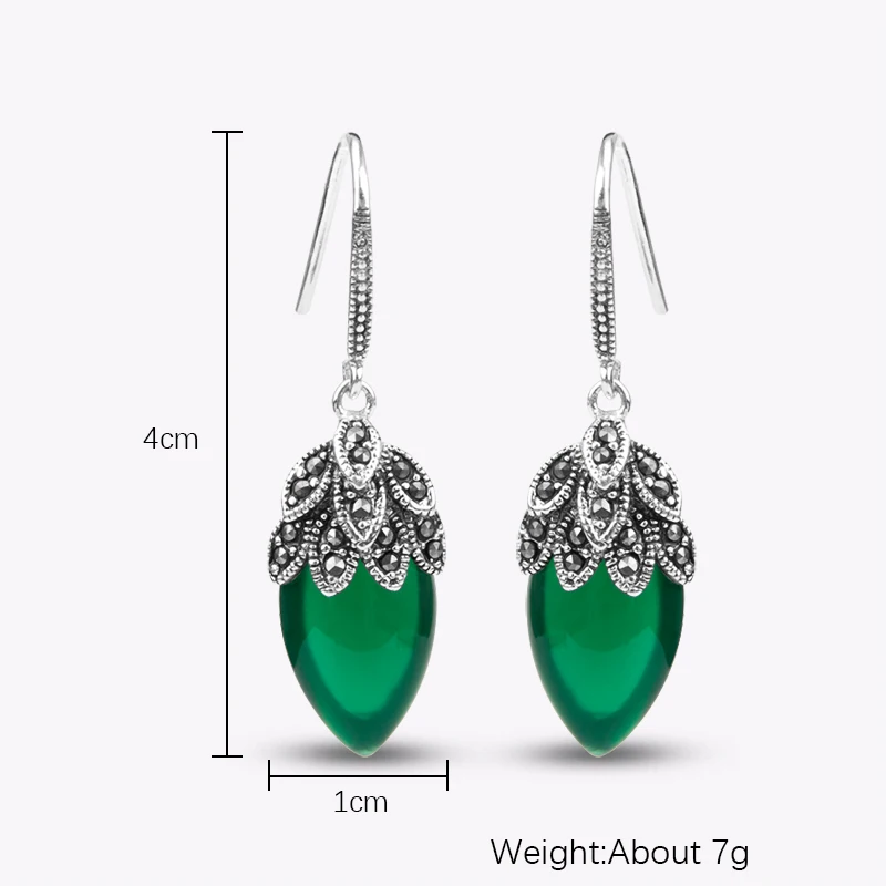 Jade Angel Vintage Style 925 Sterling Silver Marcasite Green Chalcedony Stone Drop Dangel Earrings Design Jewelry Brand Earring