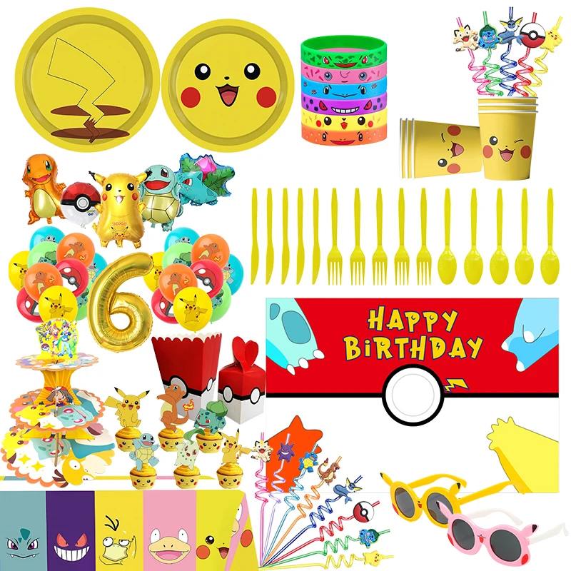 New Pokemon Birthday Decoration Pikachu Balloons Party Supplies Disposable Tableware Backdrop Straws Cake Stand Baby Shower Toy