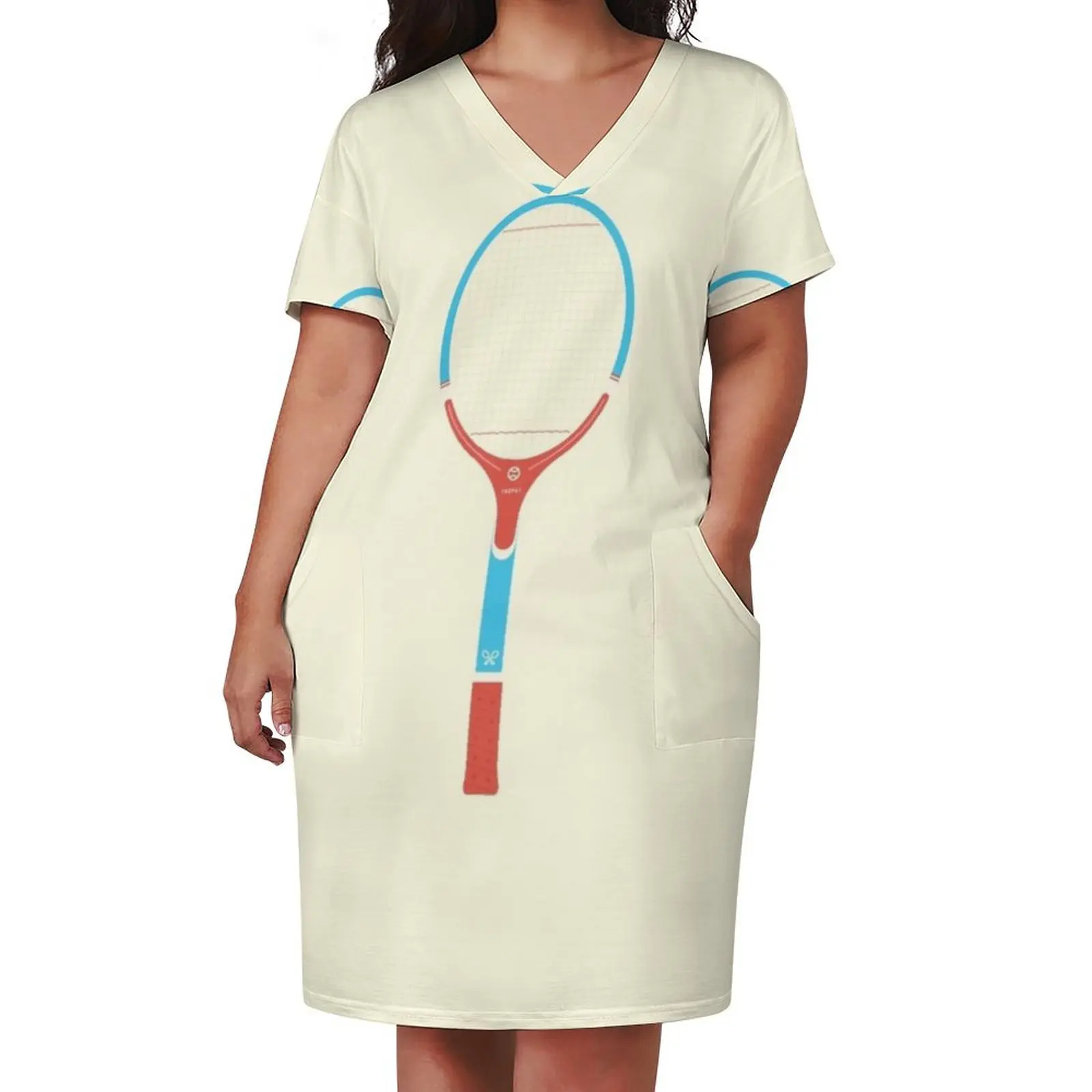 Retro vintage wood tennis racket Loose Pocket Dress clothes for woman dresses summer Women