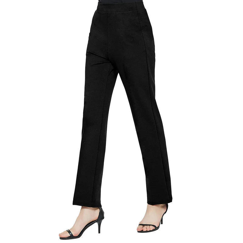 2025 カジュアル エラスティックウエスト スリムストレートパンツ レディース ストレッチ 着痩せ効果 ブラック オフィス デイリーパンツ