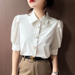 Women Clothing Turn-down Collar Puff Sleeve Blouse Summer Chic Button Office Lady Chiffon Shirts Vintage Elegant Solid Tops