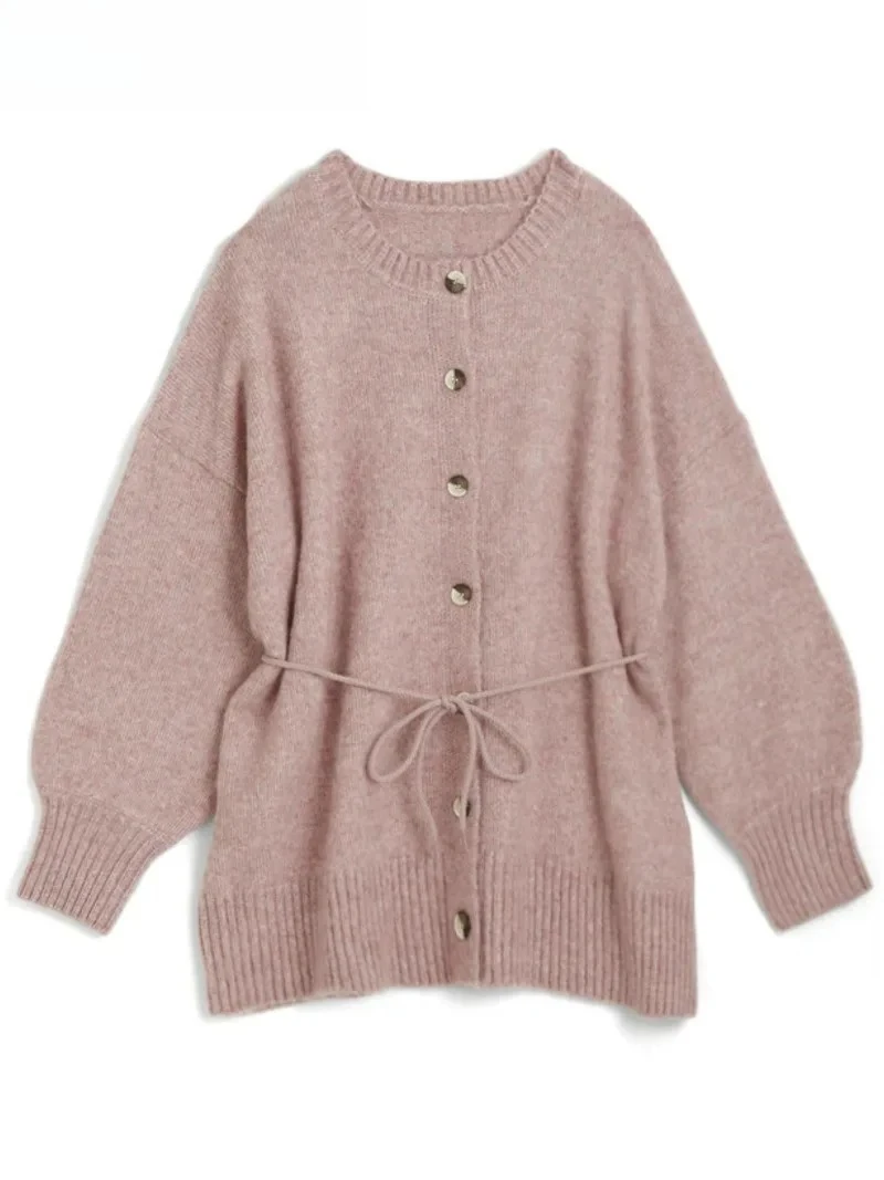 Jesienno-zimowy, nowy, japoński styl, słodki, miękki kardigan z moheru, dzianinowy płaszcz, luźny, z kokardą, zapinany na jeden guzik, sweter o średniej długości.