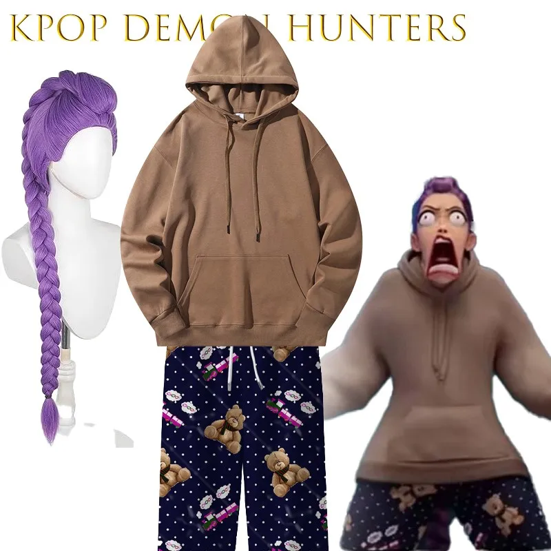 

KpopDe Mon Hunters Rumi комплект одежды для сна с мультяшным медведем и шлейфом из молочного шелка, свободные прямые брюки с капюшоном, карнавальный костюм на Хэллоуин