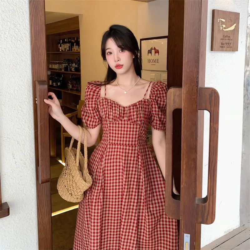 2023 Summer New Age-reducing French Square Collar Vintage Plaid Dress Luxury Designer Bubble Sleeves Slim Elegant Causal Skirt