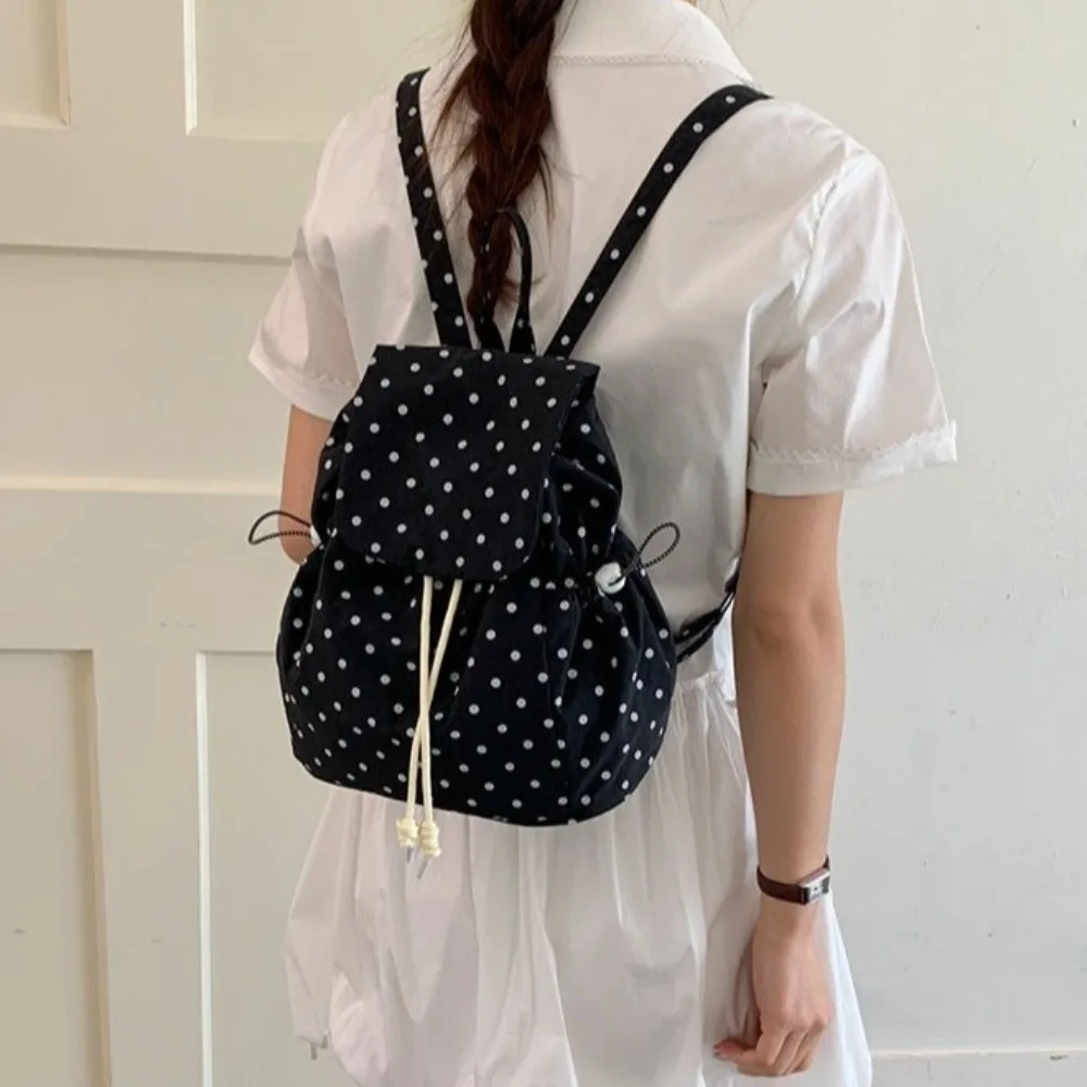 Multiple Pockets Polka Dot Backpack Drawstring Lace-up Korean Versatile Daypack Preppy Cloth Large Capacity Backpack Students
