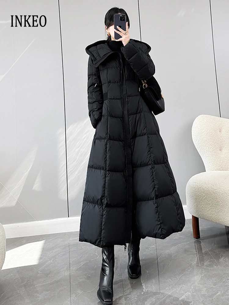 

Luxury Women's X-long don jacket Slim Black 2024 Winter Warm Hooded 90% white goose down coat Lady outwear Elegant INKEO DJ064