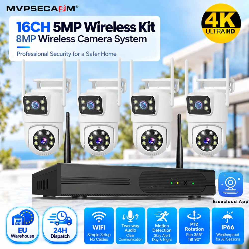 16-Kanal 5MP Kabelloser NVR mit Sicherheits-4K-8MP-WLAN-Kamera EseeCloud-System Dual-Linsen-PTZ-Kameras Zwei-Wege-Audio Bewegungserkennung IP66 Outdoor-CCTV-Kit 355 °   Herr 90 °   Neigbare