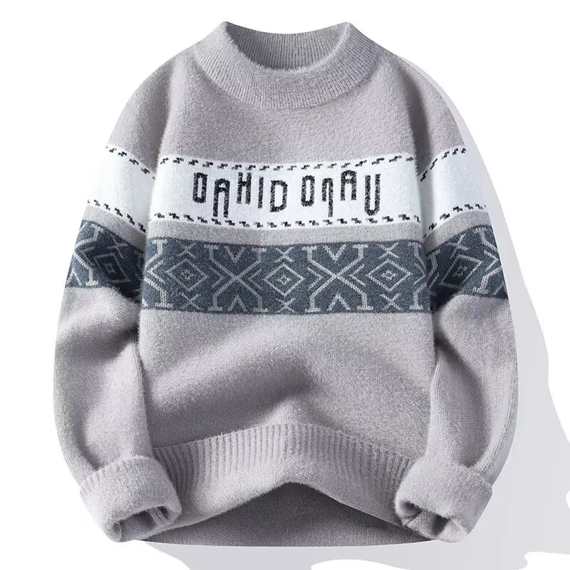 2024 New Men Winter Warm Grey Sweater Pullovers Autumn High Quality Men's Rock Hip Hop Plush O Neck Top Men's Cloting