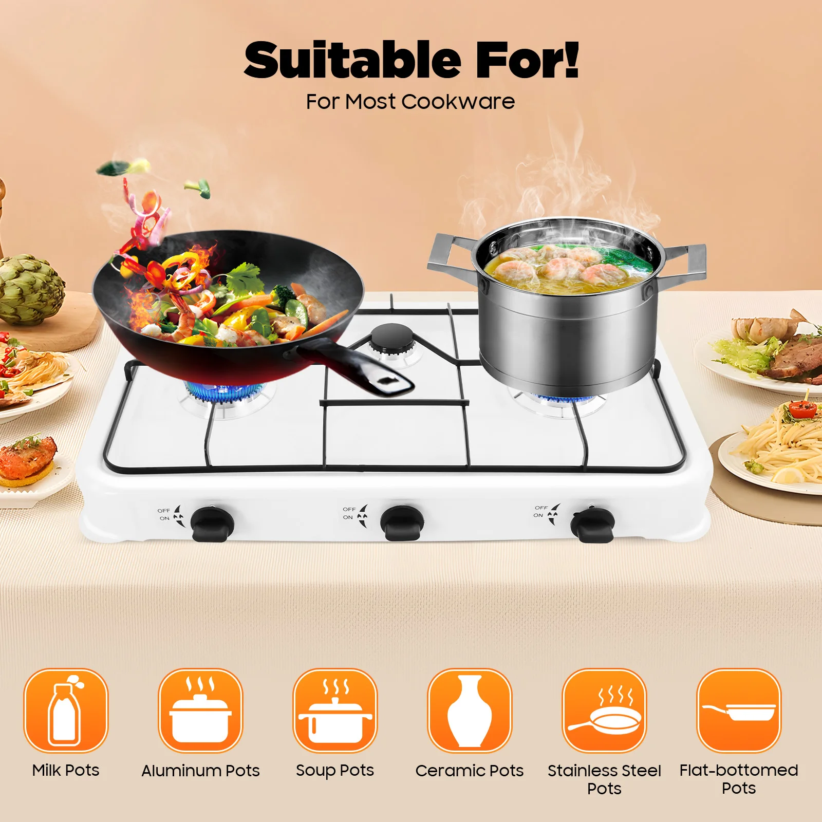 

Powerful 3-Independent-Control-Knob Gas Stove Concentrated Rotating Flame Saves Gas Meets Frying/Boiling/Stewing Needs