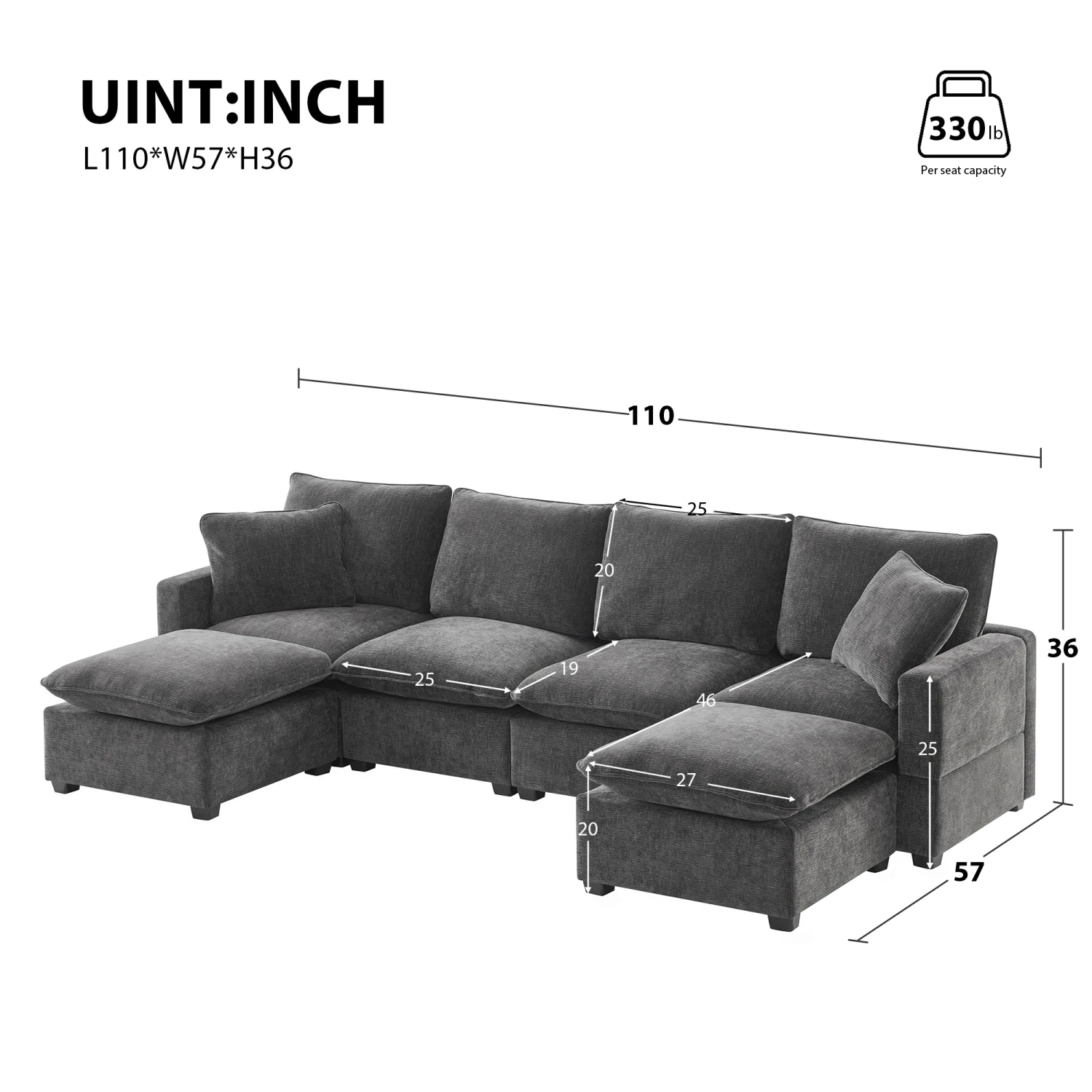 

[New] 110*57" Modern U Shape Modular Sofa, 6 Seat Chenille Sectional Couch Set with 2 Pillows - Freely Combinable Indoor Furnitu