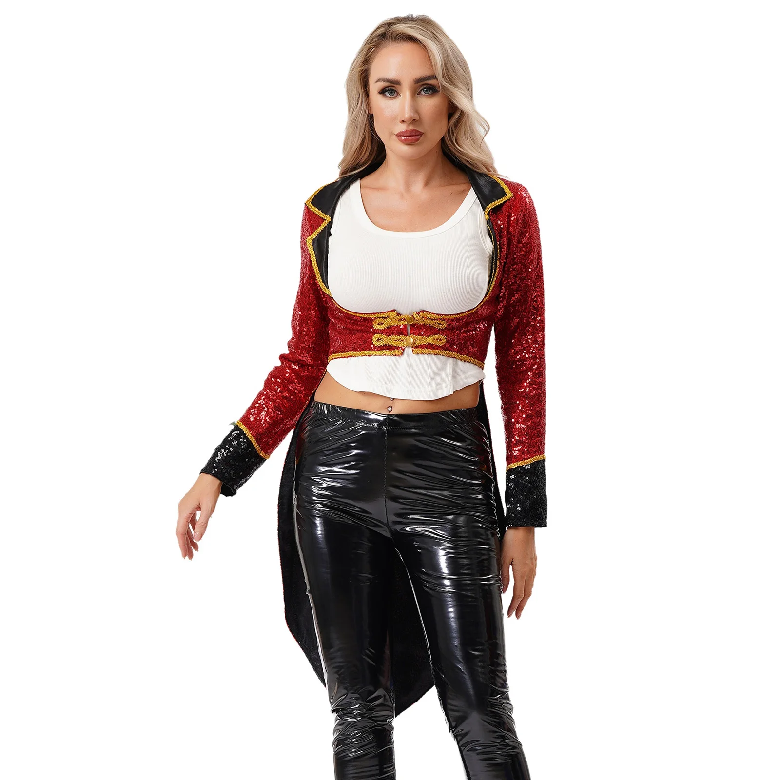 

Women Circus Ringmaster Magician Costume Gold Trim Convertible Tailcoat Breathable Lining Vintage Rave Party Performance Wear