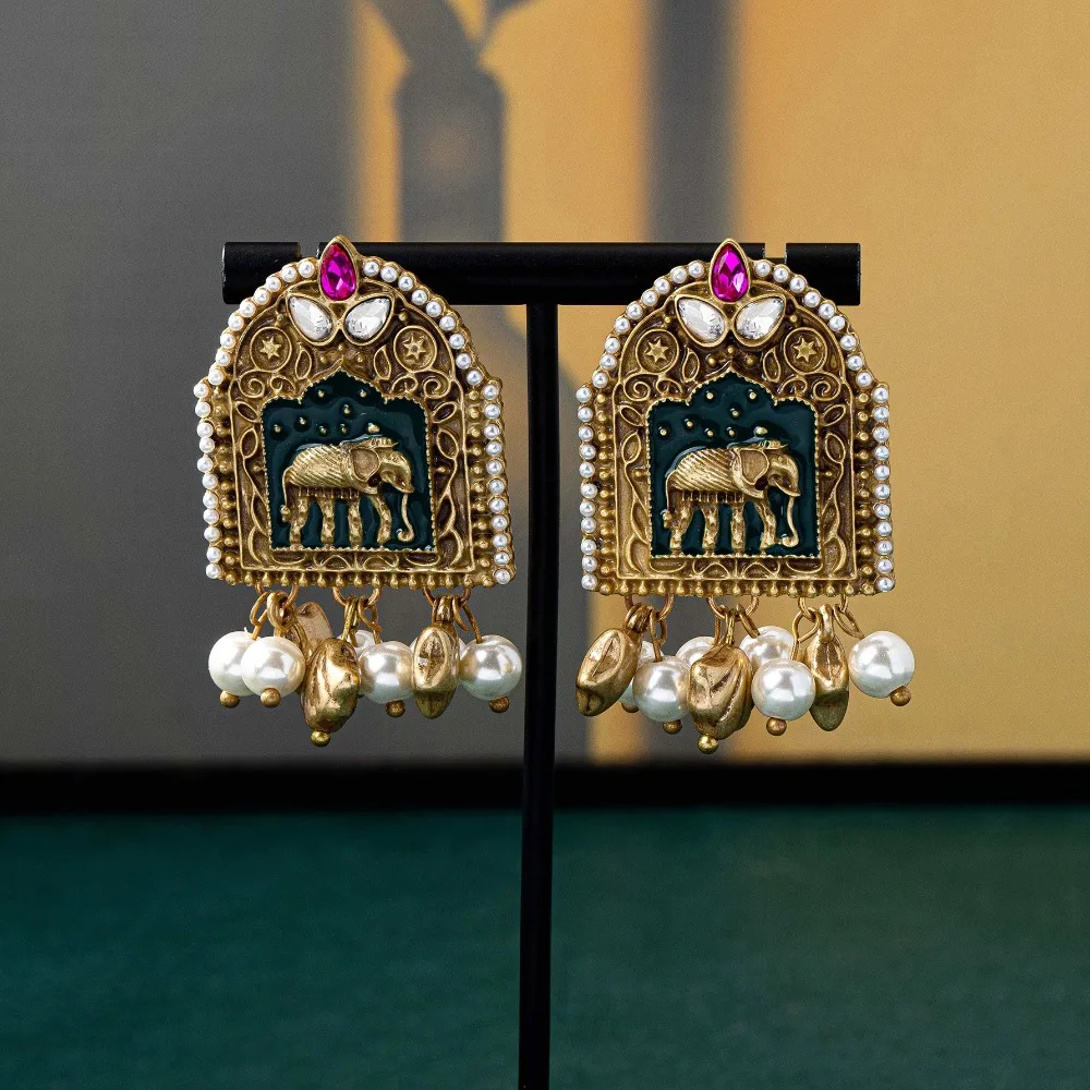 Винтажные богемные индийские этнические серьги-гвоздики с эмалью и жемчугом в виде слона, креативная новая мода для женщин M792