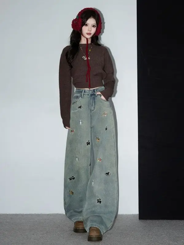 

American Style Fun Embroidered Dog High Waist Wide Leg Jeans Women's Autumn Winter Loose Floor-Length Pants Casual Cotton Pol...