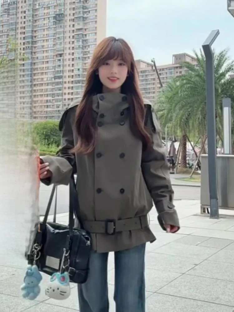 

Женское двурядное пальто с воротником-стойкой и пуговицами в стиле ретро, осенний универсальный топ с длинными рукавами для похудения высокого класса