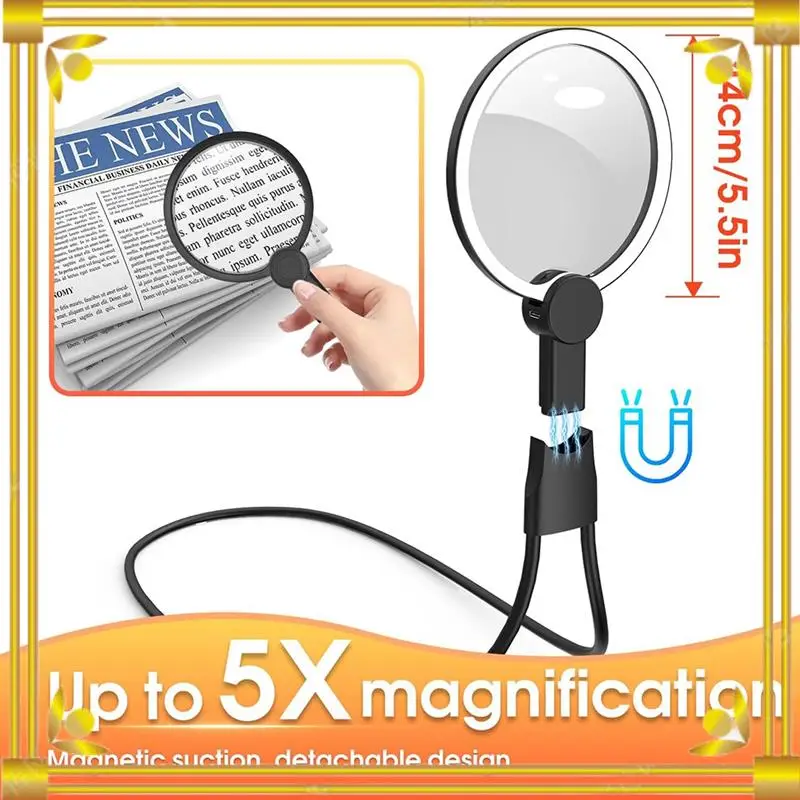DN-Magnifying Glass With Light For Reading, 5.1 Inch 6X Magnifying Glass With Stand, Neck-Worn Large Magnifier