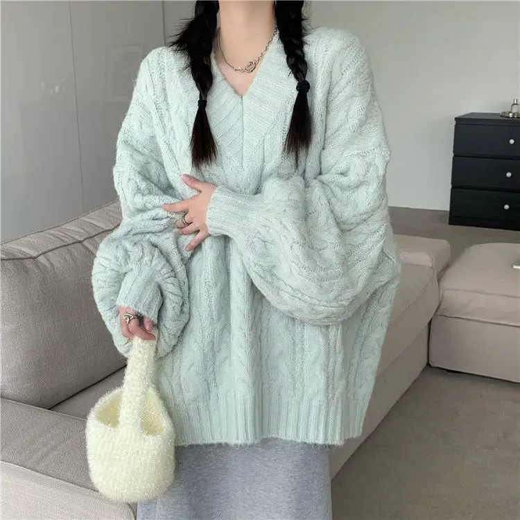Women's V-Neck Thickened Twisted Sweater Loose Outerwear Lazy Style Design Warm Knitted Top Autumn Winter Fashion Commute Pur...