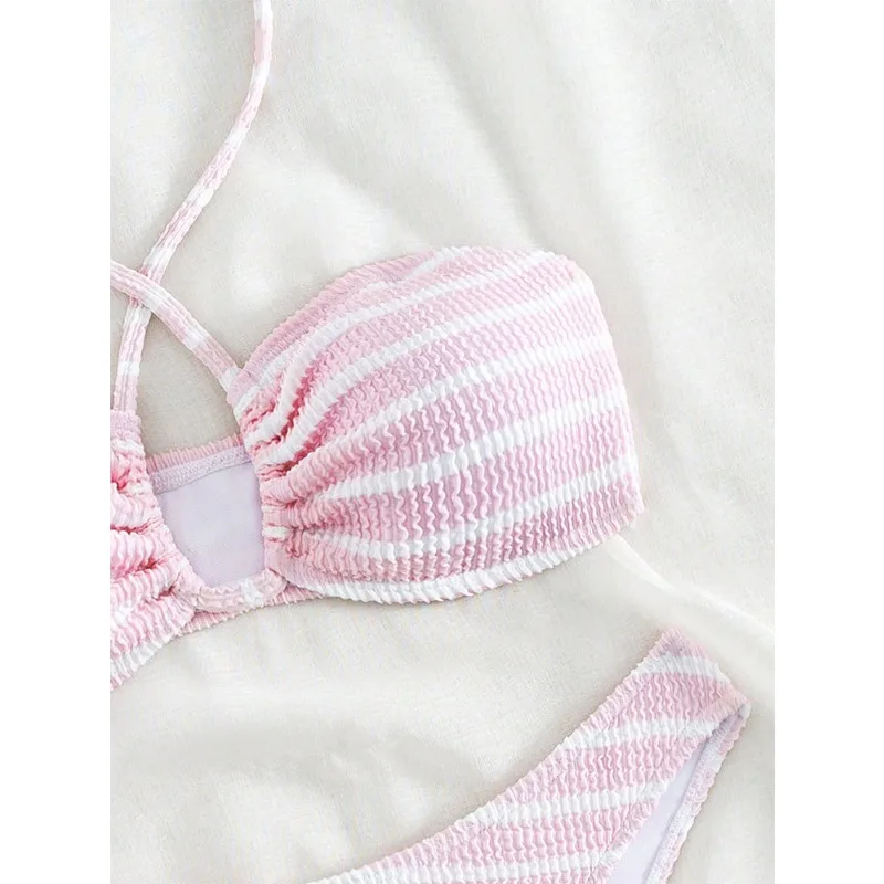 2025 novo rosa listrado doce maiô feminino praia férias sexy biquíni de três pontos split maiô chique roupas femininas verão