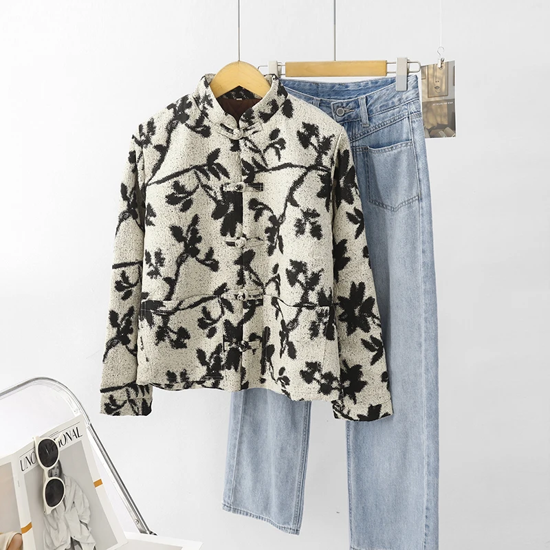 

Новый китайский хлопковый джет с принтом водяной марки, женский осенне-зимний теплый верхний костюм с воротником-стойкой и пуговицами, элитный топ