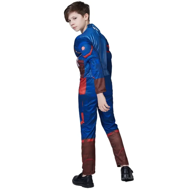 2025 New Kids Captain America Muscle Superhero Cosplay Jumpsuits Shield Mask Boys Suit Halloween Costume for abc