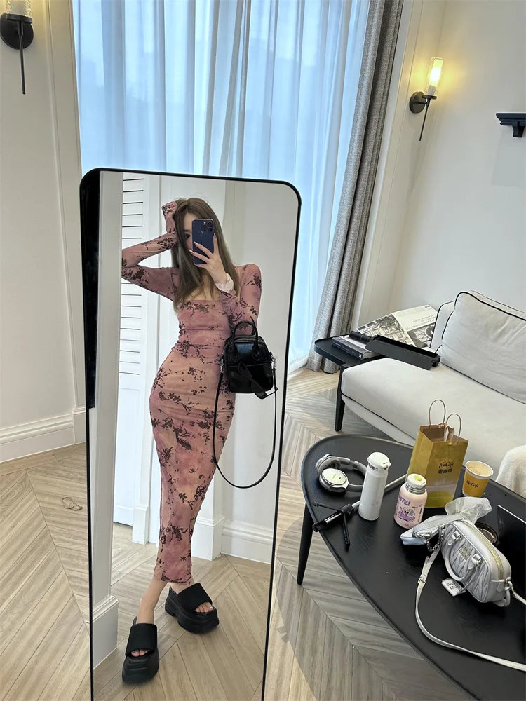 Sukienki Damskie z Długim Rękawem Sukienka dla Kobiety na Wesele Imprezę Wiosenna Szyfonowa Aplikacja Wstążki Falbany Bez Talii Minimalistyczny Styl OL