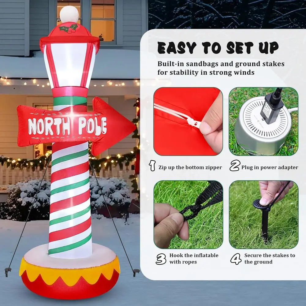 علامة القطب الشمالي سانتا كلوز بطول 6 أقدام مع أضواء LED، قابلة للنفخ في الهواء الطلق لعيد الميلاد لتزيين ساحة الحديقة