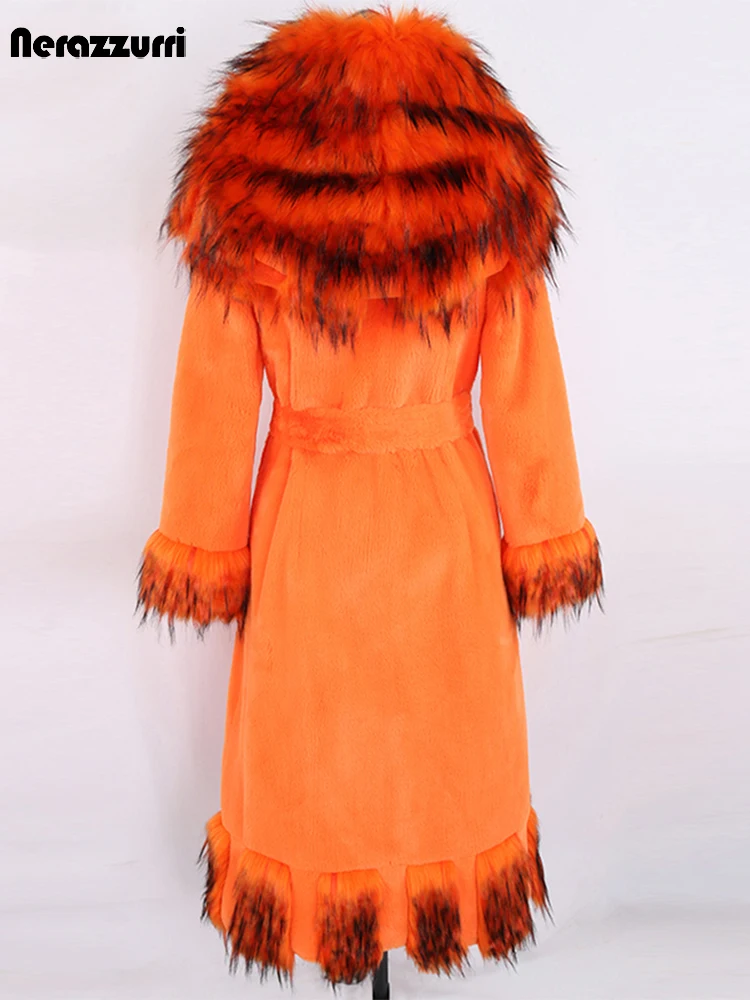 Nerazzurri Winter Long Orange Warm Thick Soft Fluffy Faux Fur Coat with Fur Trim Belt Elegant Luxury Retro European Fashion 2021